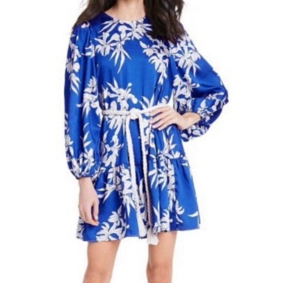 Alexis Dresses & Skirts - Alexis X Target Blue and White Floral Long Sleeve Mini Dress With Rope Belt